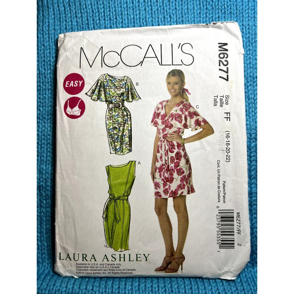 McCalls 6277 Sewing pattern Laura Ashley dress flutter sleeve size 16 18 20 22
